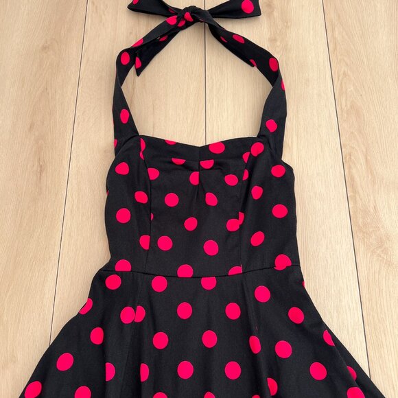 Feldie Black & Pink/Red Polka-Dot 1950s Inspired Halter Skater Style Dress Small - Picture 10 of 15